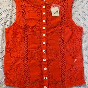 Free People Orange Lace Button-Up Top